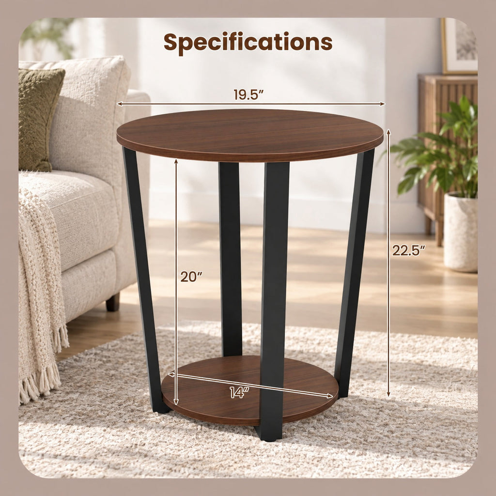 Airfind End Table, Round, with Open Shelf and Metal Frame, 66 lbs Capacity, Engineered Wood Metal Frame, 19.5 Inch x 19.5 Inch x 22.5 Inch Footprint, Walnut