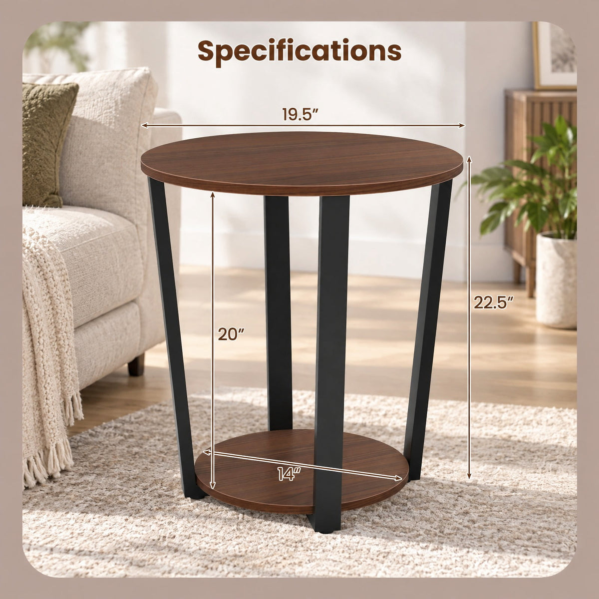 Airfind End Table, Round, with Open Shelf and Metal Frame, 66 lbs Capacity, Engineered Wood Metal Frame, 19.5 Inch x 19.5 Inch x 22.5 Inch Footprint, Walnut