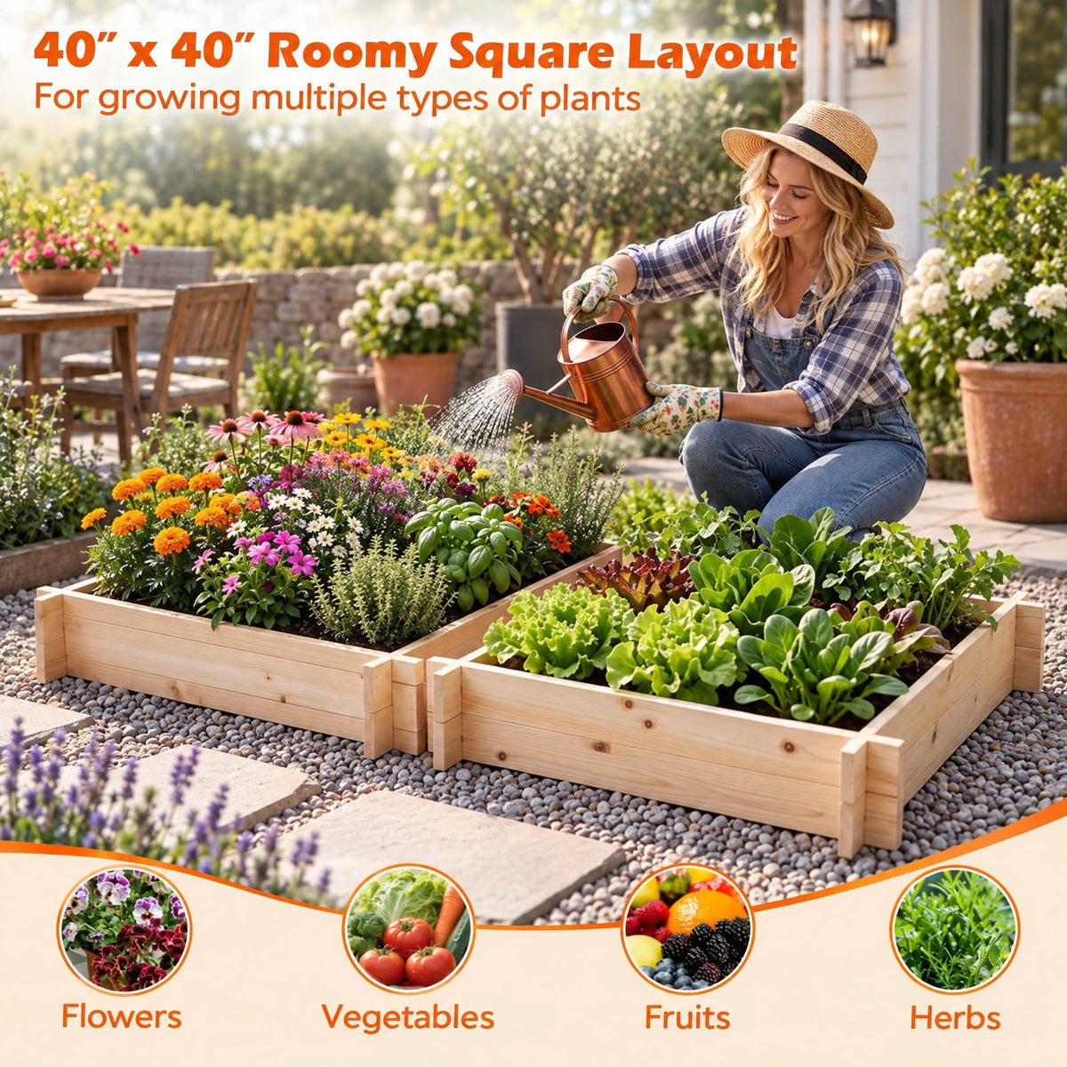 Airfind 39.5 x 39.5 Square Wooden Raised Garden Bed, Fir Wood Frame, 39.5 x 39.5 x 6.5 Footprint, Natural