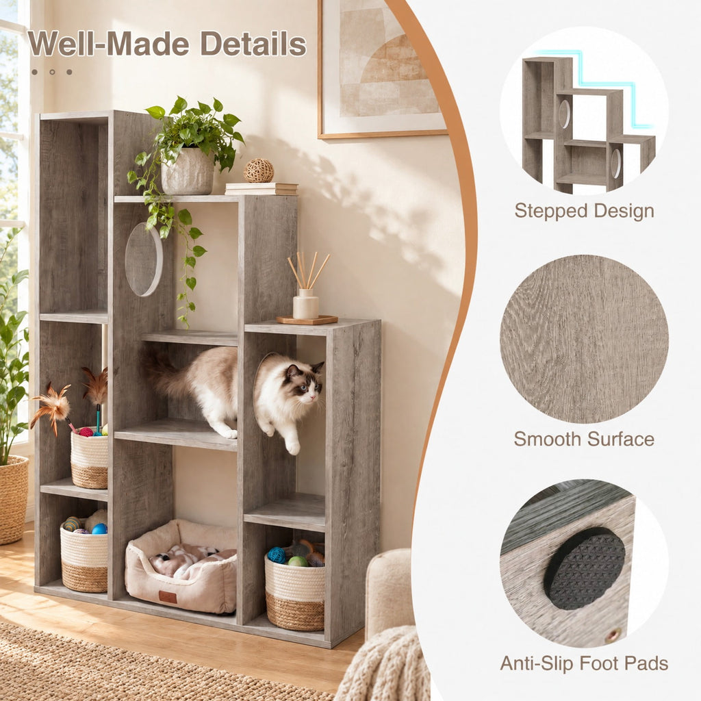 Airfind Modern Cat Bookshelf Cat Tree 8-Section Storage Cabinet with 2 Round Holes, 22 lbs Capacity, Engineered Wood Frame, Gray
