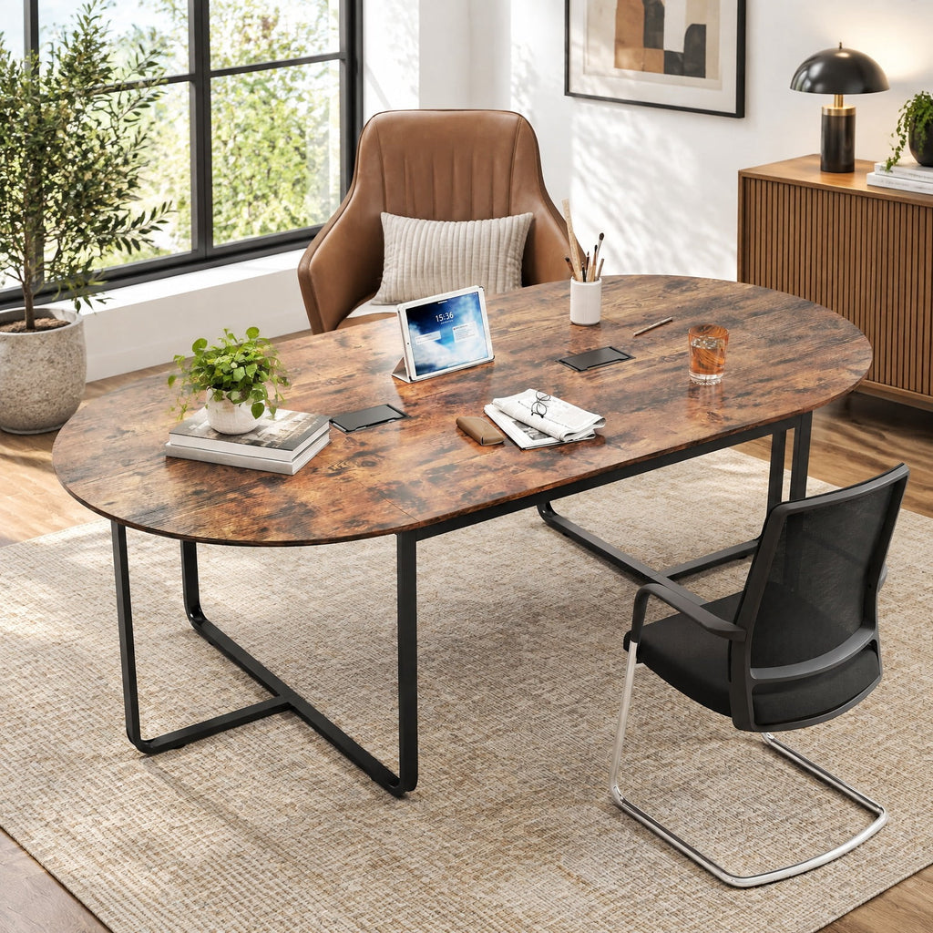 Airfind Oval Conference Industrial Executive, 95 Inches, Table with Dual Cable Holes, 265 lbs Capacity, Engineered Wood Metal Frame, Brown
