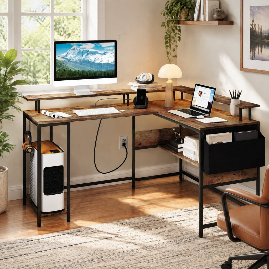 Airfind L-Shaped Gaming Desk with LED Lights and Power Outlets Home Office Computer Desk, 200 lbs Capacity, Engineered Wood Metal Frame, Brown
