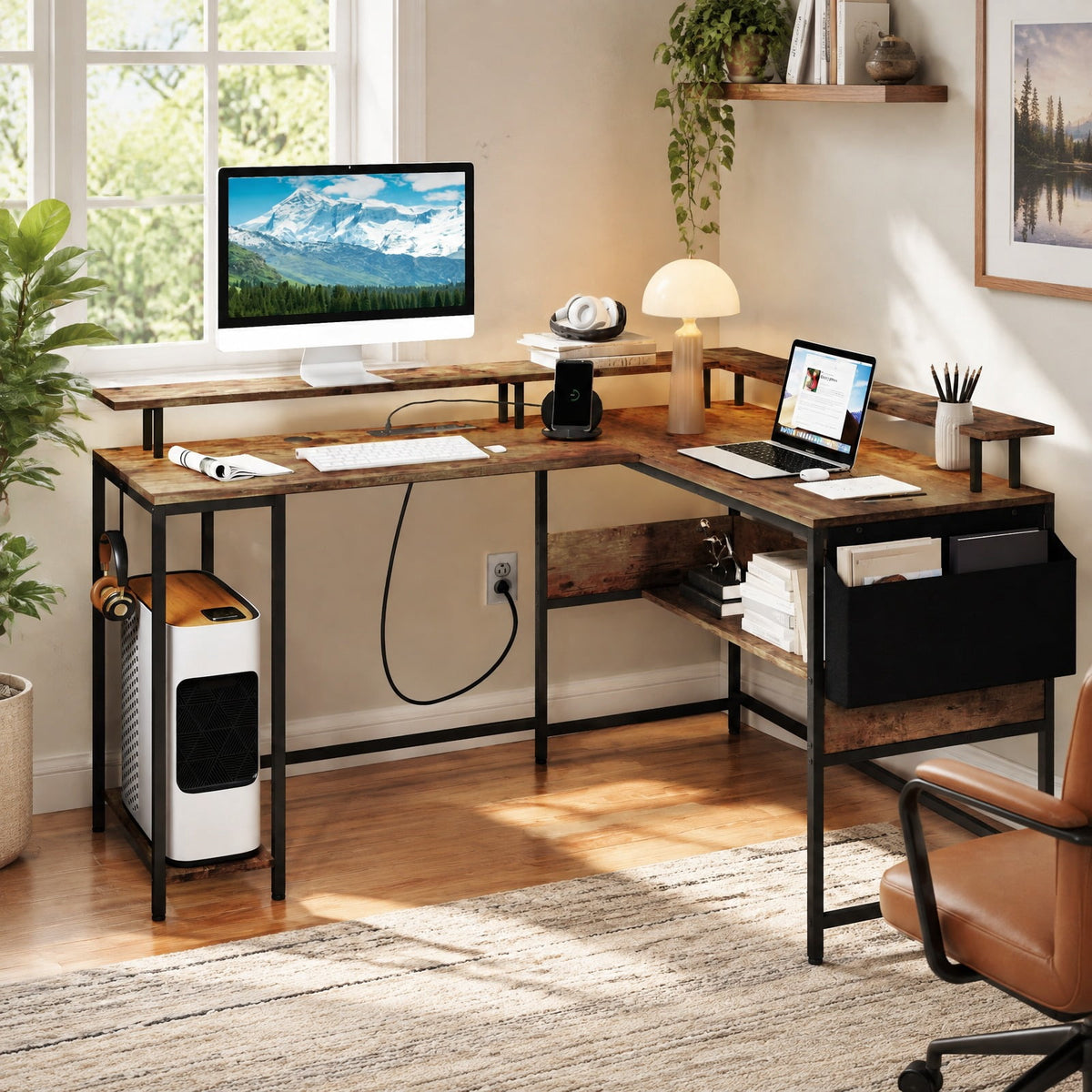 Airfind L-Shaped Gaming Desk with LED Lights and Power Outlets Home Office Computer Desk, 200 lbs Capacity, Engineered Wood Metal Frame, Brown