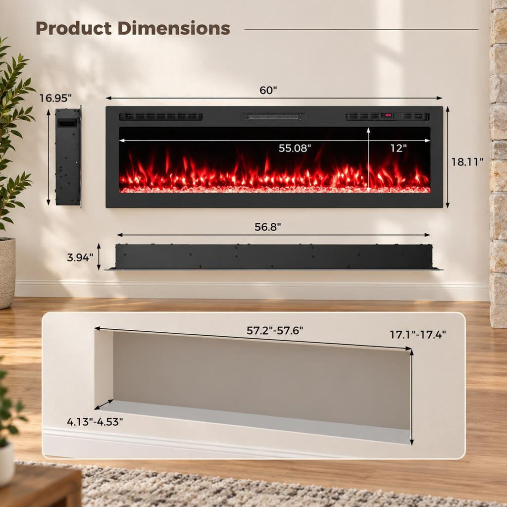 Airfind Smart WiFi Electric Fireplace Wall Mounted and Recessed 750W/1500W Heater-60 Inch, Black, Power Cord 5 ft Net Weight-36in 29.5 lbs