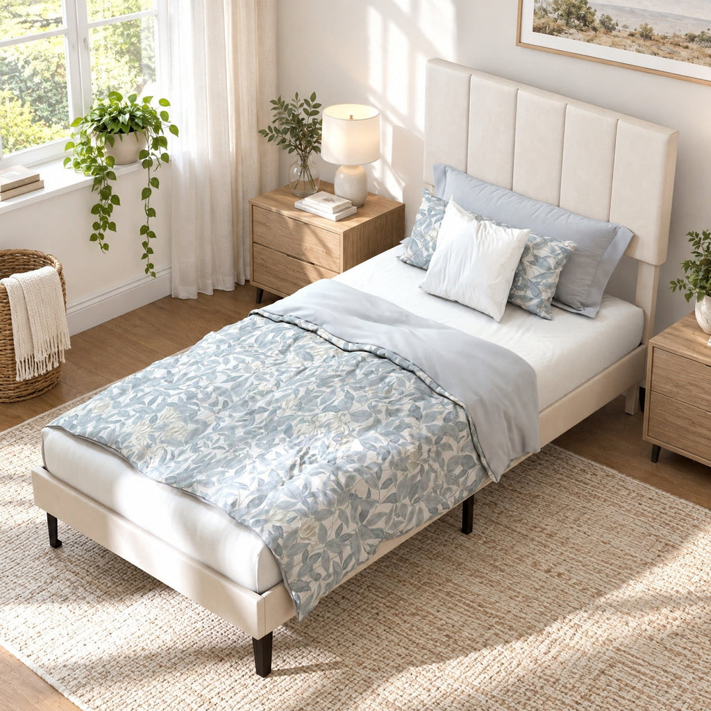 Airfind off-white Linen Upholstered Platform Bed with Height Adjustable Vertical Channel Headboard, 500 lbs Capacity, Velvet Frame, Off-White