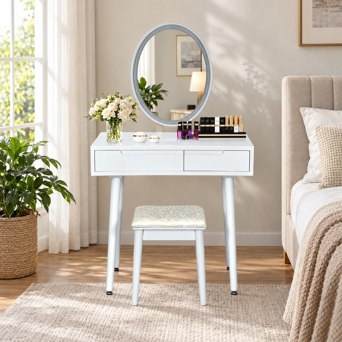Airfind Touch Screen Vanity Makeup Table Stool Set with Lighted Mirror, MDF paint rubber wood cedar wood Frame, 31.5 x 16 x 54.5 Footprint, White