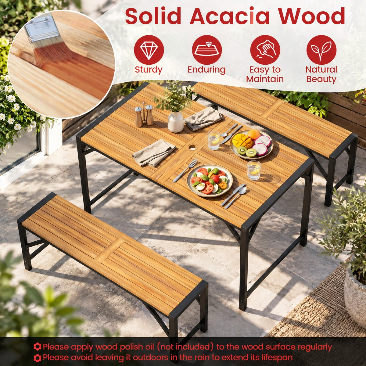Airfind Set of 2 Acacia Wood Outdoor Bench 47.5 Inch with Slatted Seat for Backyard, of Each Bench 800 lbs Capacity, 47.5 Inch x 12.5 Inch x 18 Inch Footprint, Wood