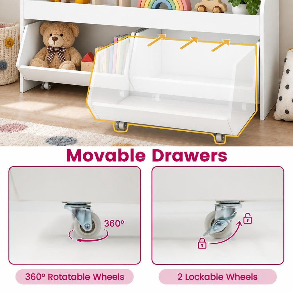 Airfind Kids Toy Storage Organizer Wooden Bookcase with 2 Movable Drawers, 176 lbs Capacity, Engineered Wood Frame, for 3+ Years Old Total, White