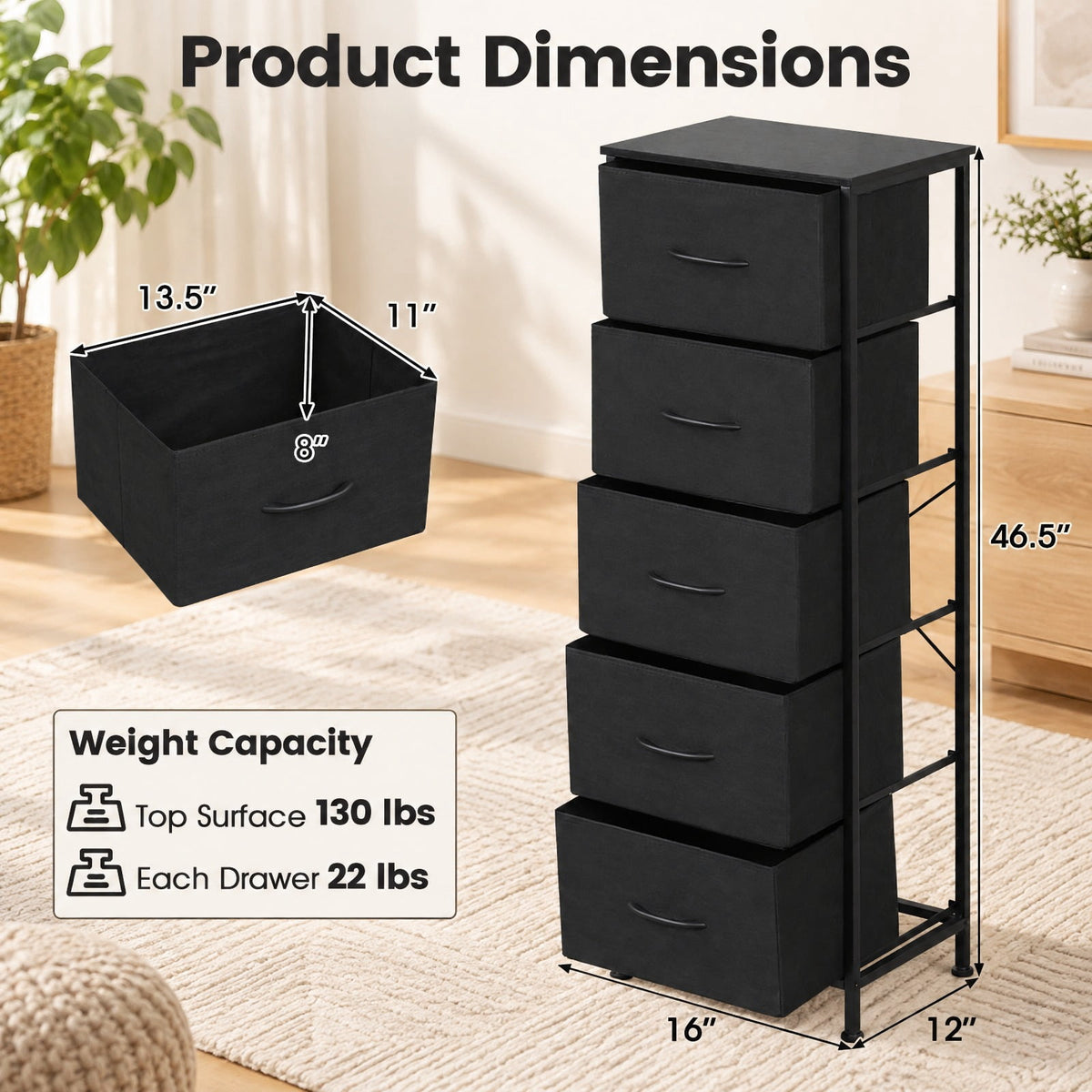 Airfind Dresser Nightstand with 5 Roomy Fabric Drawers for Bedroom, 130 lbs Capacity, Metal Engineered Wood Non-Woven Fabric Frame, Black