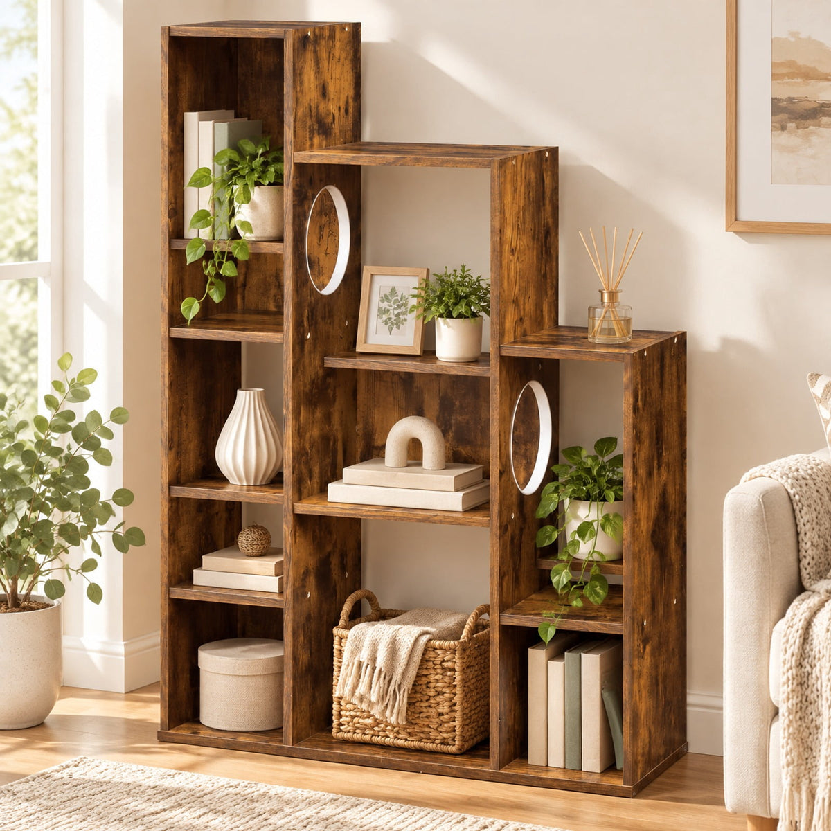 Airfind Modern Cat Bookshelf Cat Tree 8-Section Storage Cabinet with 2 Round Holes, 22 lbs Capacity, Engineered Wood Frame, Gray