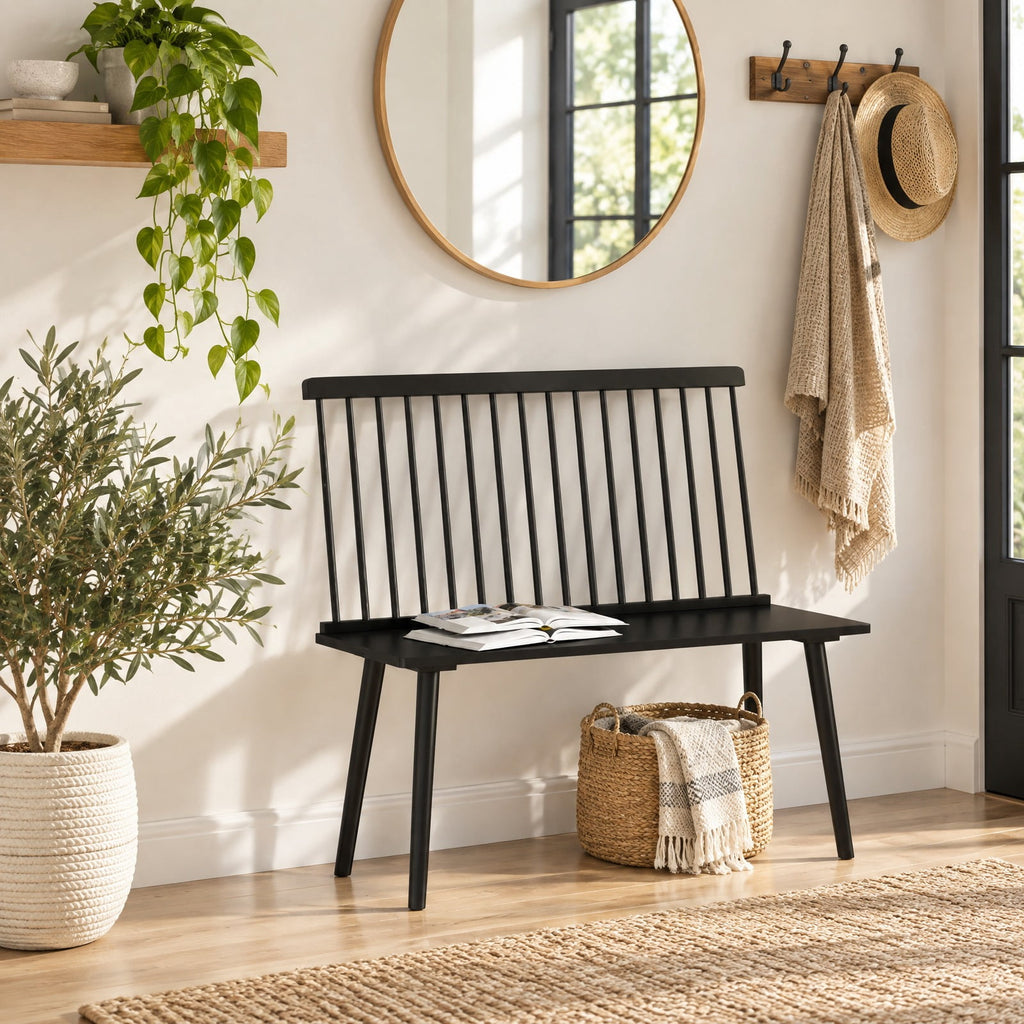 Airfind Entryway Bench, for 2 with Spindle Back for Kitchen Dining Room Hallway, 440 lbs Capacity, Rubber Wood Frame, 39 Inch x 18.5 Inch x 36.5 Inch, Black