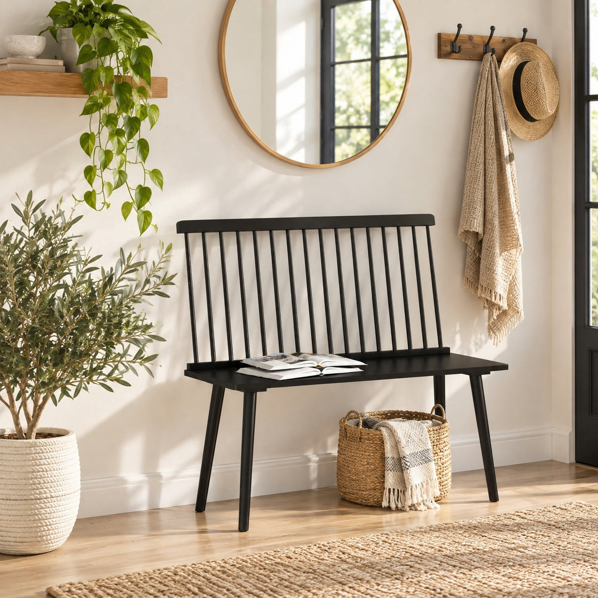 Airfind Entryway Bench, for 2 with Spindle Back for Kitchen Dining Room Hallway, 440 lbs Capacity, Rubber Wood Frame, 39 Inch x 18.5 Inch x 36.5 Inch, Black