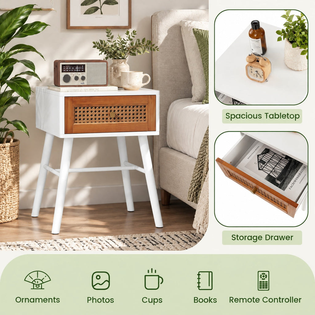 Airfind Rattan Nightstand Mid Century Modern Accent Table with Drawer, 110 lbs Capacity, Painted MDF Pine Wood Natural Rattan Frame, White