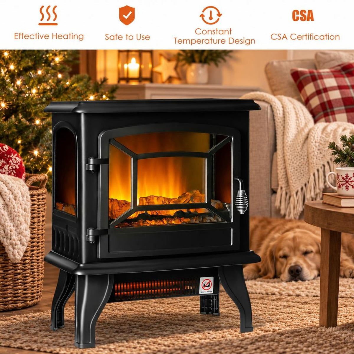 Airfind Freestanding Fireplace Heater featuring Realistic Dancing Flame Effect, 50 lbs Power Rating: 1400W Capacity, Steel Tempered Glass Frame, Black