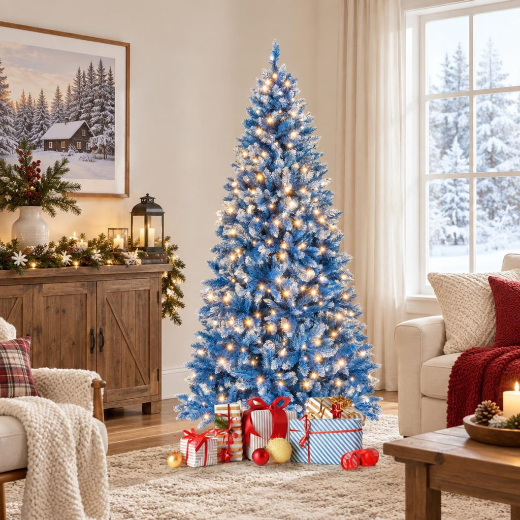 Airfind 6/7/8/9 FT Artificial Christmas Tree with 767 Snowy Branch Tips-6 FT, PVC Metal Frame, 3.1 x 6 ft Footprint, Blue