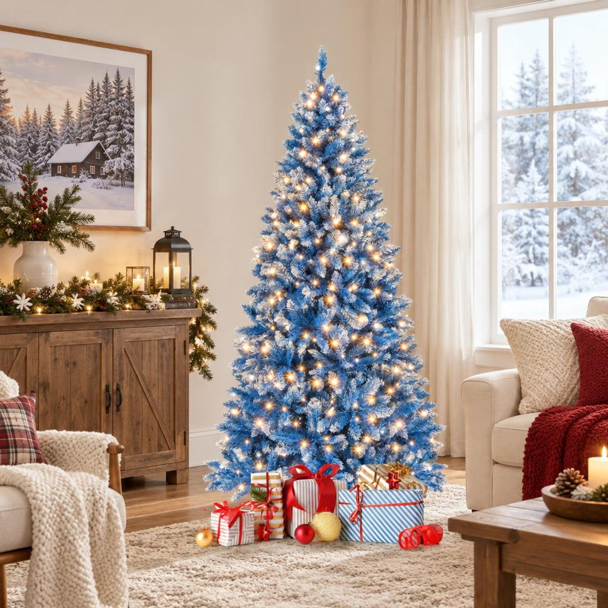 Airfind 6/7/8/9 FT Artificial Christmas Tree with 767 Snowy Branch Tips-6 FT, PVC Metal Frame, 3.1 x 6 ft Footprint, Blue
