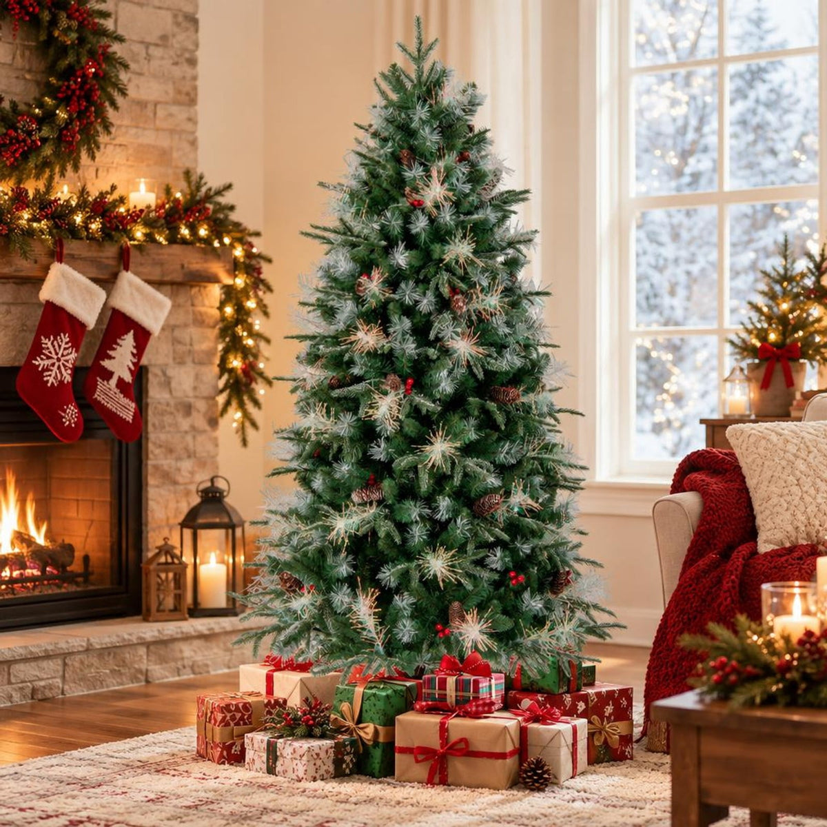 Airfind 6 Feet Pre-Lit Artificial Christmas Tree with 8 Modes LED Lights with Berries, PVC PE PET Metal 5 Feet Frame, 3 x 5 ft Footprint, Green