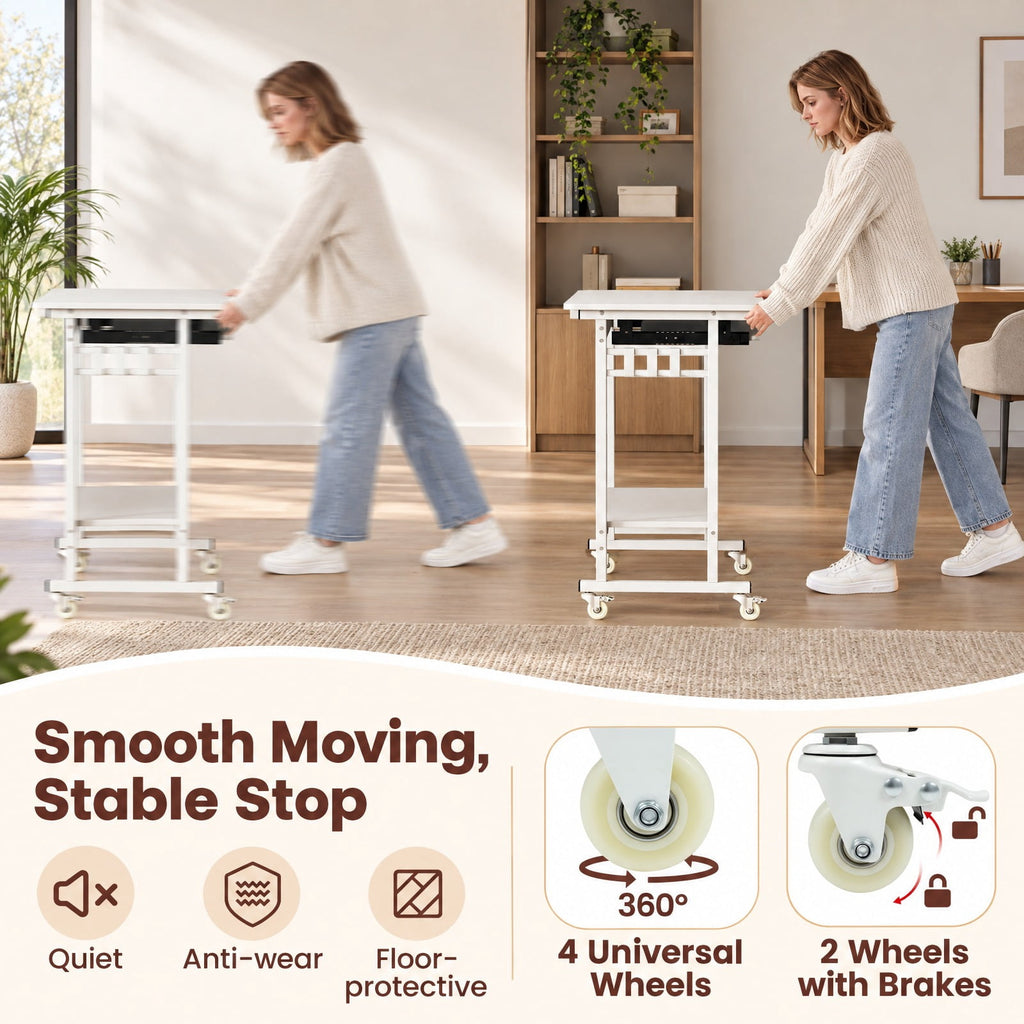 Airfind Rolling Laptop Table with Pull-out Keyboard Tray and Hooks, Engineered Wood Metal Frame, 31.5 x 19.5 x 31 Footprint, White