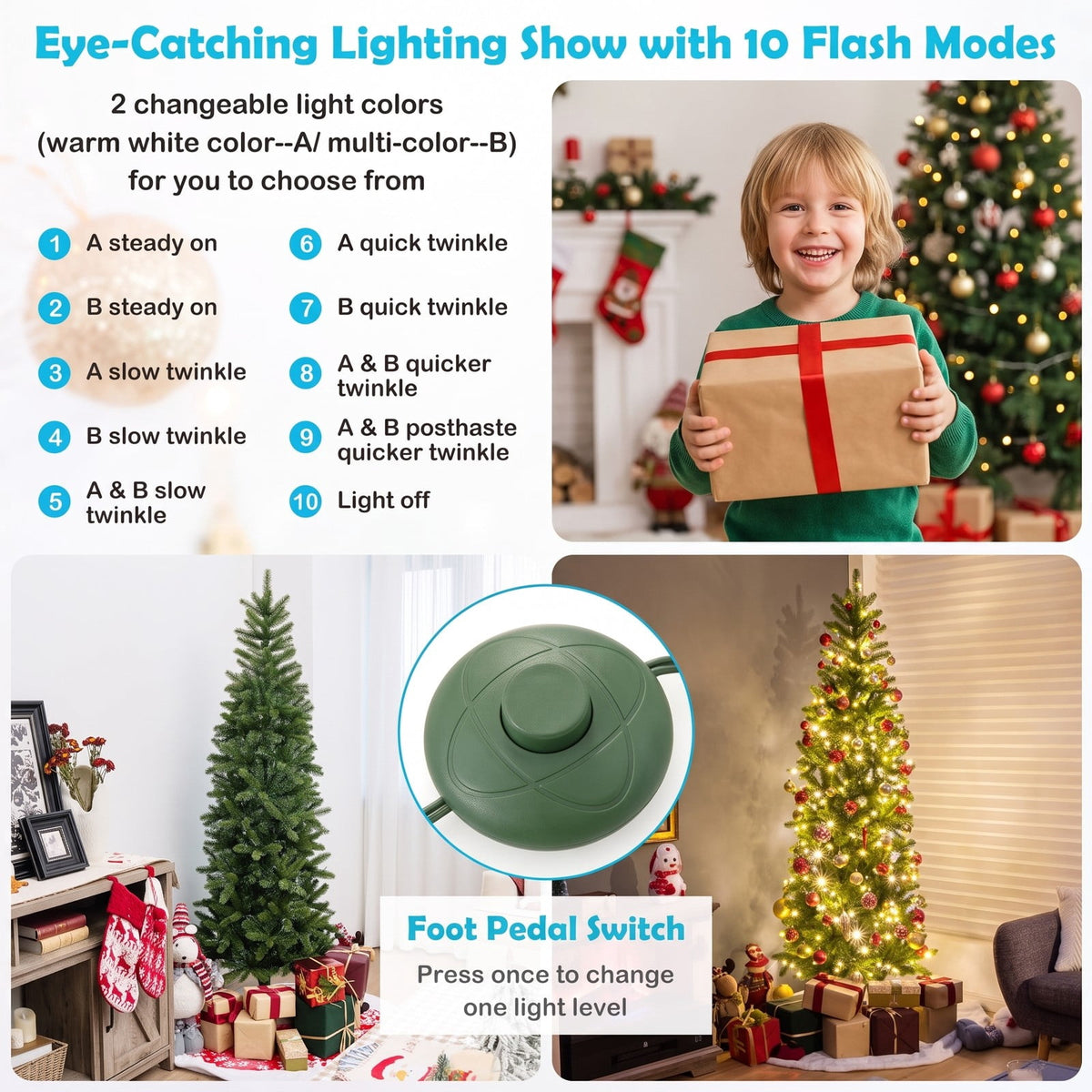 Airfind 6 Feet Pre-Lit Artificial Christmas Pencil Tree with 648 PVC PE Branch Tips, PVC PE metal Frame, 29.13 x 29.13 x 70.87 inch Footprint, Green