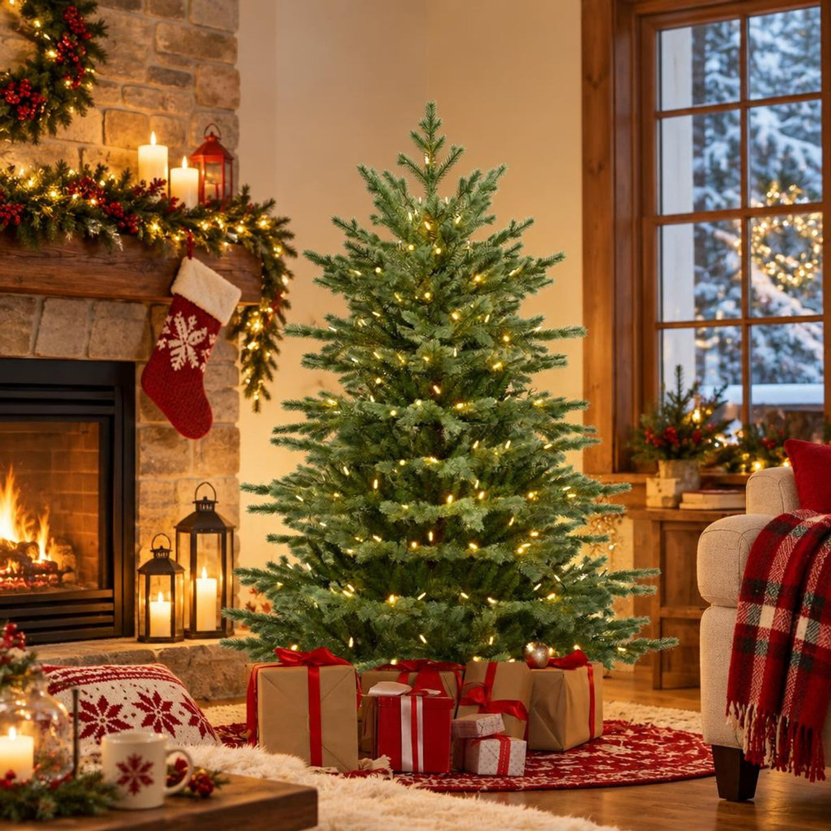 Airfind 5 Feet Artificial Christmas Tree with 1426 Lush PVC Branch Tips and 200 Warm White LED Lights, PVC PE Metal Frame, Green