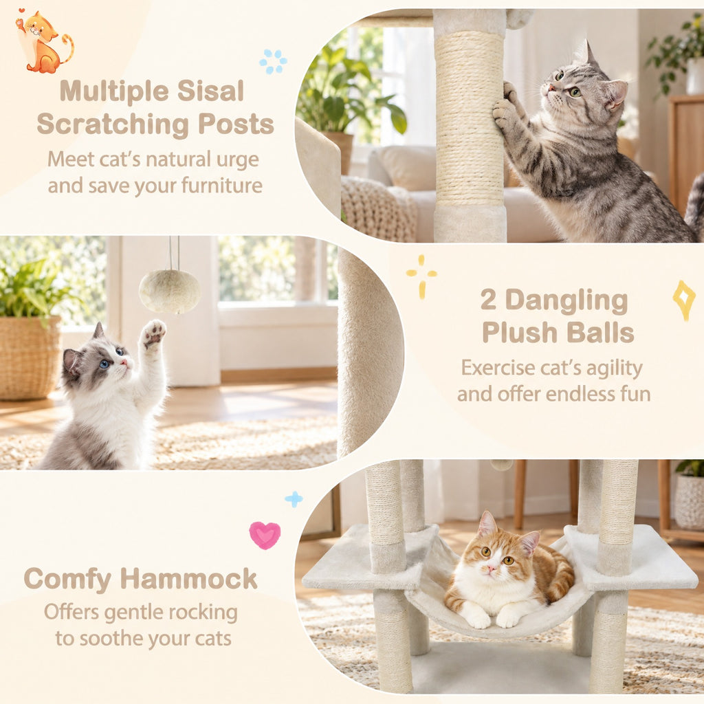 Airfind Large Cat Tree for Indoor Cats 70 Tall Cat Tower, 33 lbs Capacity, Plush Fabric Sisal Engineered Wood Overall Height 70 Base Frame, Beige