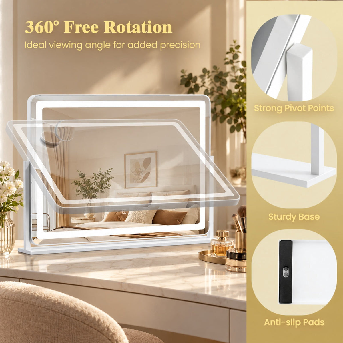 Airfind 32 x 22 Inch Large Makeup Vanity Mirror with 3-Color Lighting Mode, Copper-free Silver Mirror Aluminum Metal MDF Frame, White