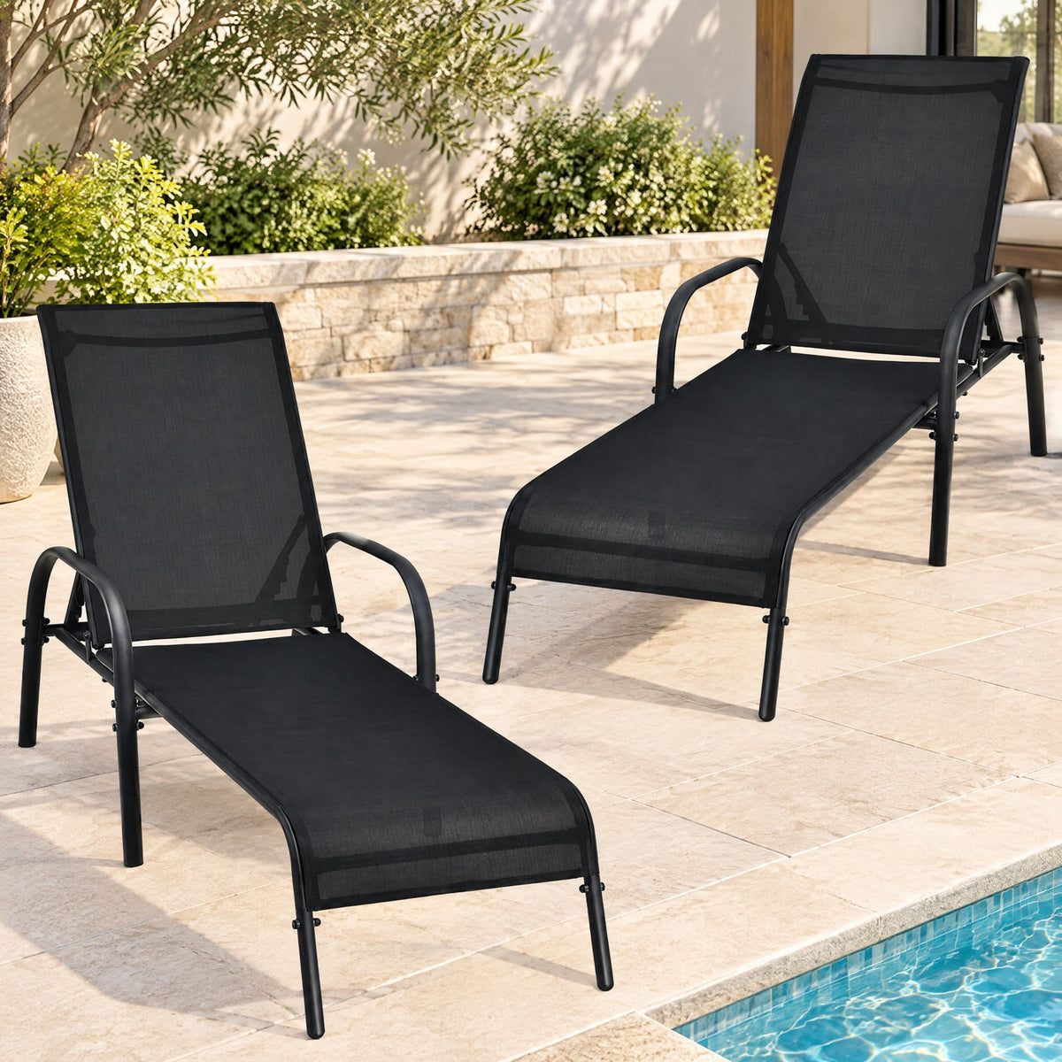 Airfind 2 Pcs Outdoor Patio Lounge Chair Chaise Fabric with Adjustable Reclining Armrest, Fabric Steel Horizontal Frame, Black
