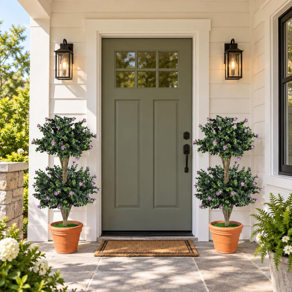 Airfind Set of 2 Faux Bush Plant with 41 Blossoms for Home, PP Cement PE Tree Height 36 Flower Pot Frame, Green and Black