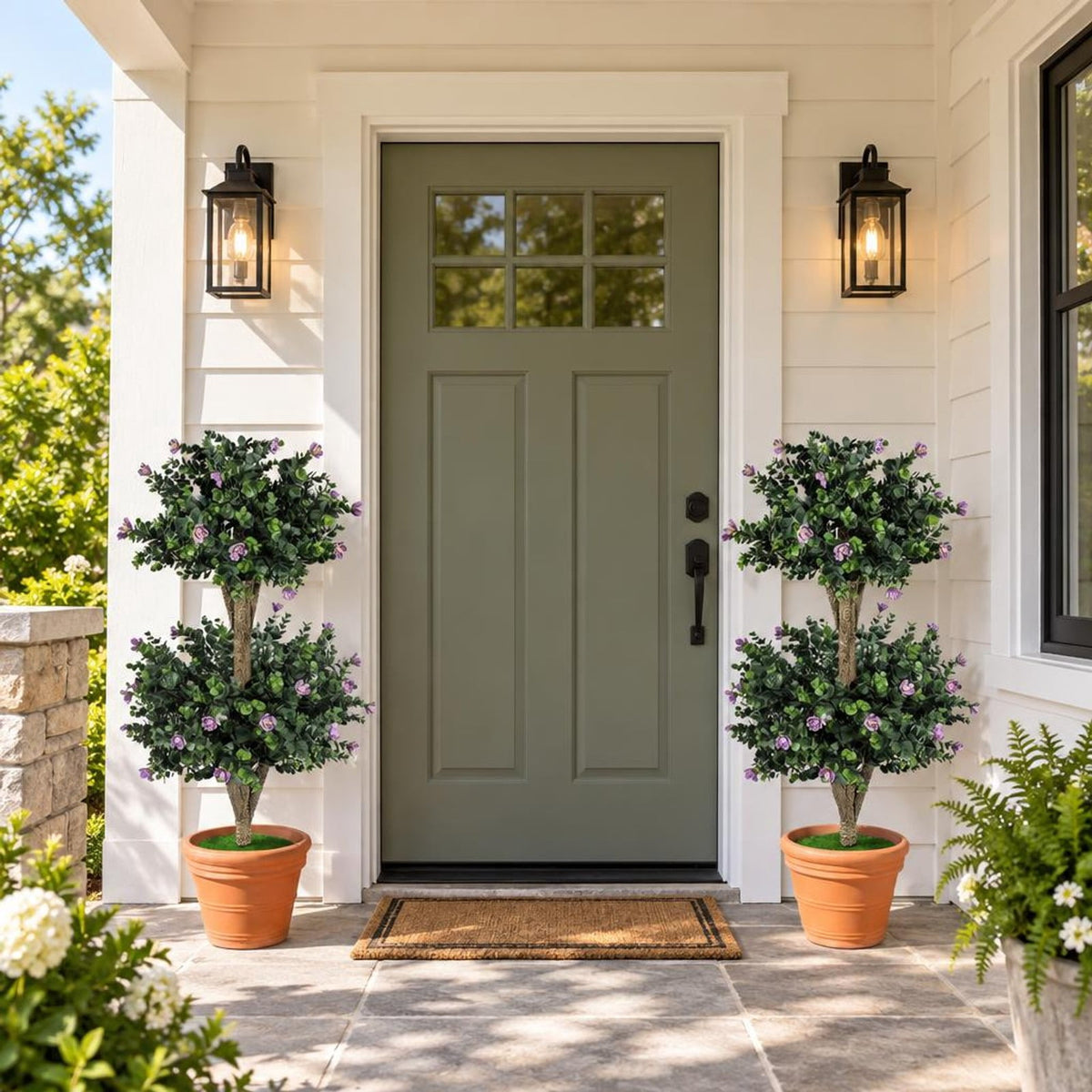 Airfind Set of 2 Faux Bush Plant with 41 Blossoms for Home, PP Cement PE Tree Height 36 Flower Pot Frame, Green and Black