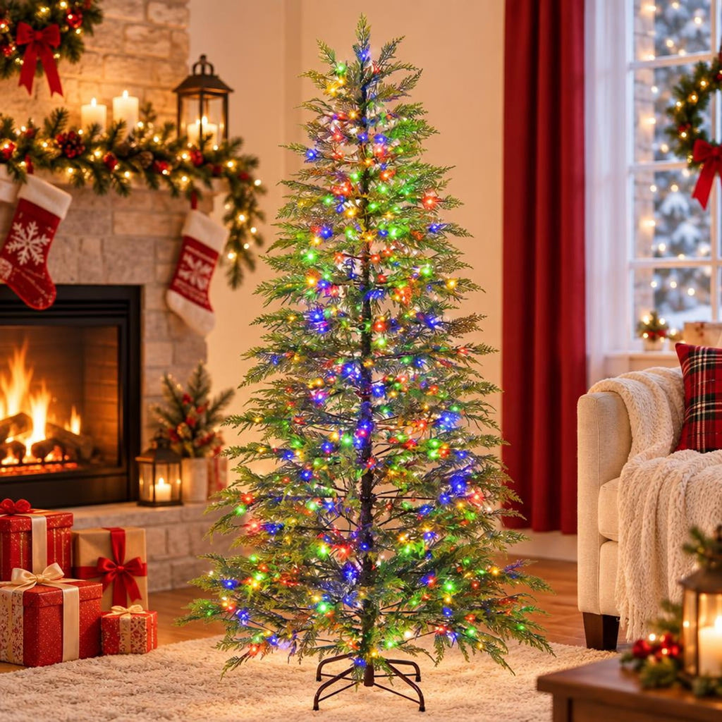 Airfind 6.5 Feet Artificial Christmas Tree with Branch Tips and Colorful LED Lights, Green, a light controller for convenient operation
