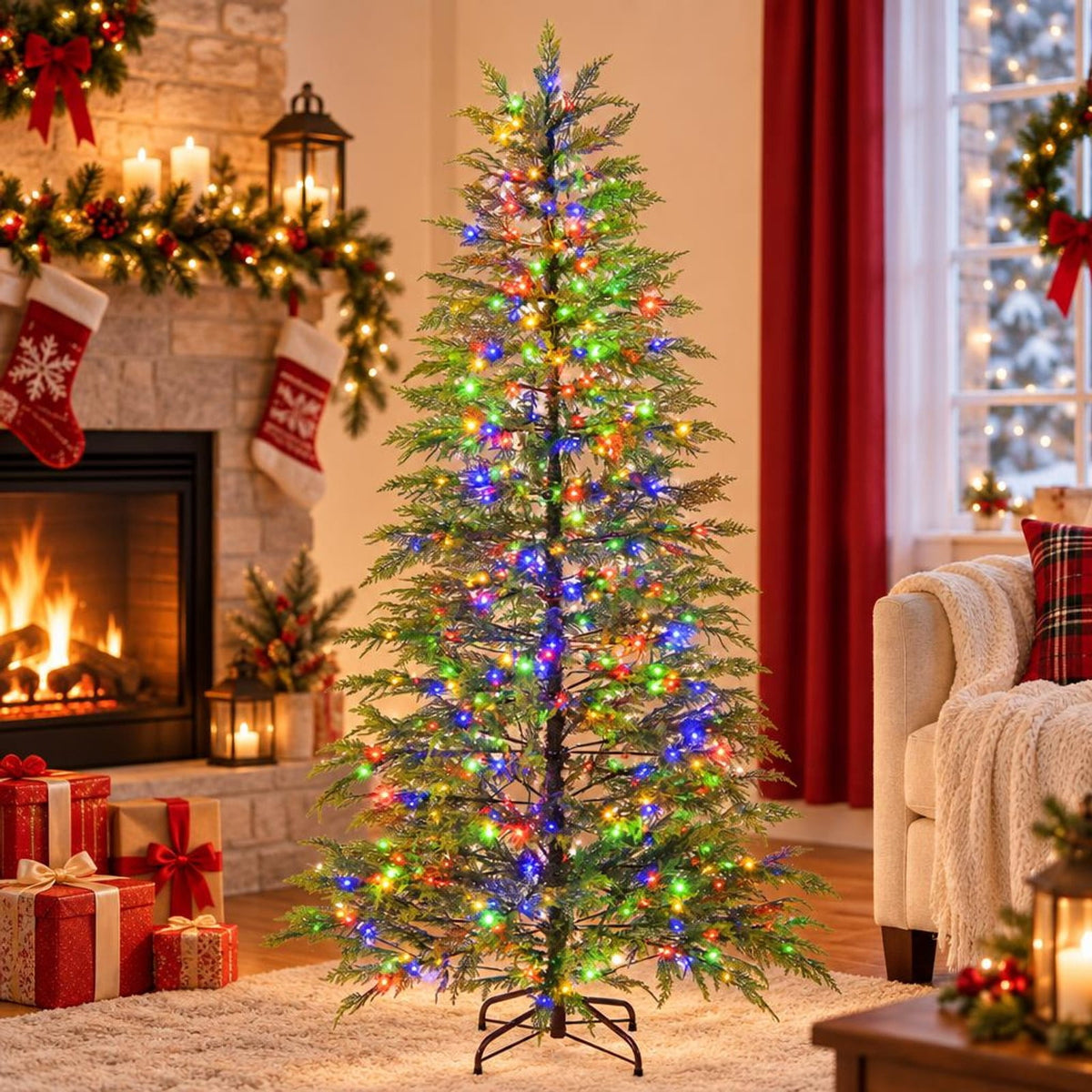 Airfind 6.5 Feet Artificial Christmas Tree with Branch Tips and Colorful LED Lights, Green, a light controller for convenient operation