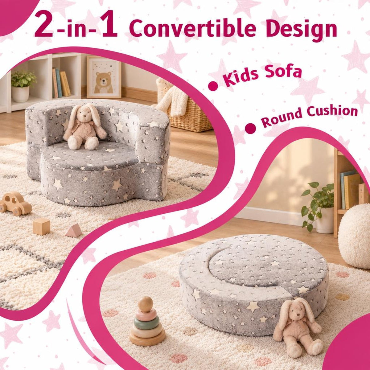 Airfind 2-in-1 Toddler Chair Glow in the Dark Kids Couch with Cover Convertible Sofa, Flannel Fabric Foam Frame, for 3+ Years Old, Gray
