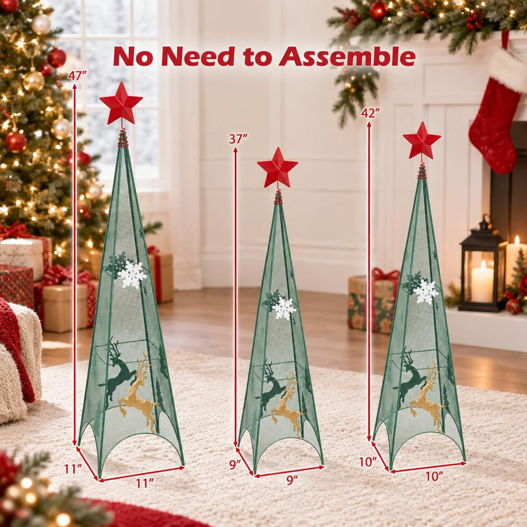 Airfind 3/3.5/4 Feet Set of 3 Tower Shaped Christmas Trees with Removable Star Toppers, Metal Small Frame, 9in x 9in x 37in Medium Footprint