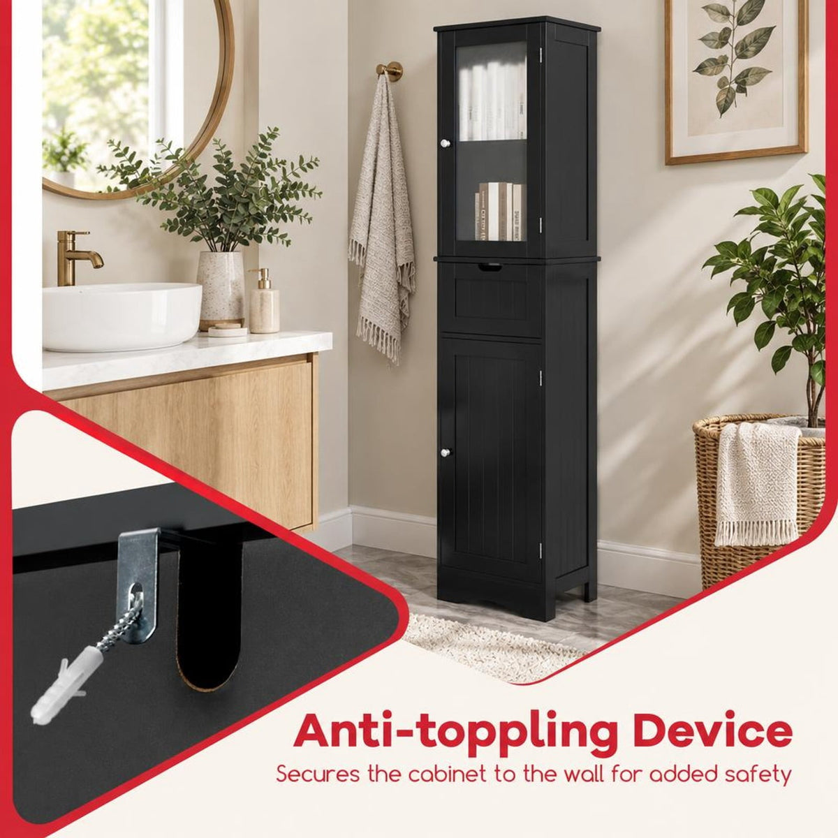 Airfind Tall Floor Storage Cabinet with 2 Doors and 1 Drawer for Bathroom, MDF Tempered Glass Frame, 16in x 12in x 67in Footprint, Black