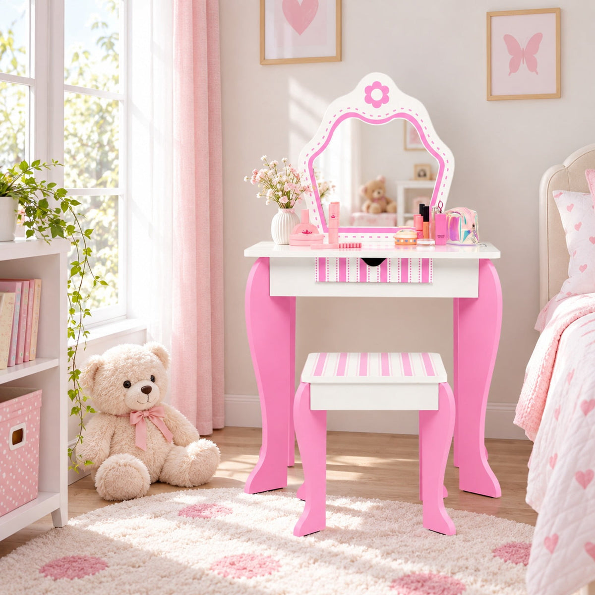 Airfind 2-in-1 Toddler Vanity Set with Detachable Top and Cute Flower Patterns, 66 lbs Capacity, MDF acrylic Frame, White