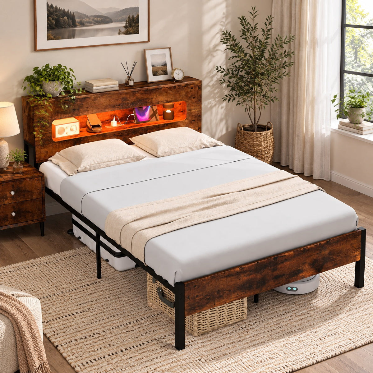 Airfind Slatted Full Bed Frame with LED Lights and Storage Headboard No Box Spring Needed, 660 lbs Capacity, Engineered Wood Metal Frame