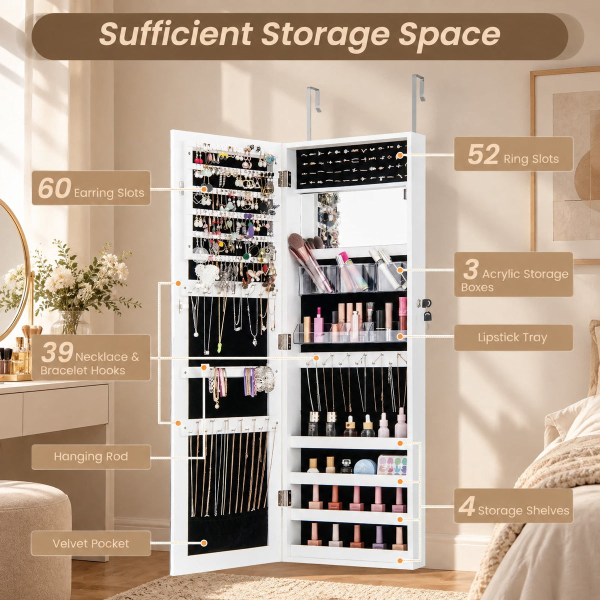 Airfind 43.5 Inch Jewelry Mirror Cabinet with Full-length Mirror and Adjustable Hangers, MDF Frame, White