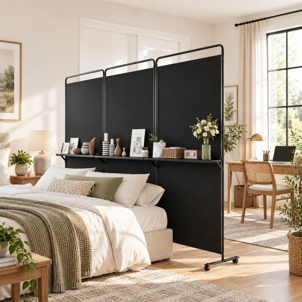 Airfind 3-Panel Room Divider with Shelves 6 FT Tall Folding Privacy Screen with Lockable Wheels, Polyester Fabric Metal Frame, Black