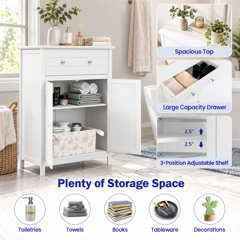 Airfind Free Standing Bathroom Storage Cabinet with Large Drawer, 110 lbs Capacity, MDF Frame, 23.5in x 12in x 31.5in Footprint, White