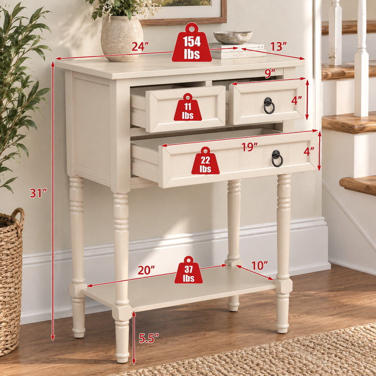Airfind Narrow Console Table with 3 Storage Drawers and Open Bottom Shelf, 154 lbs Capacity, MDF Rubber wood Acacia Wood Frame, Beige