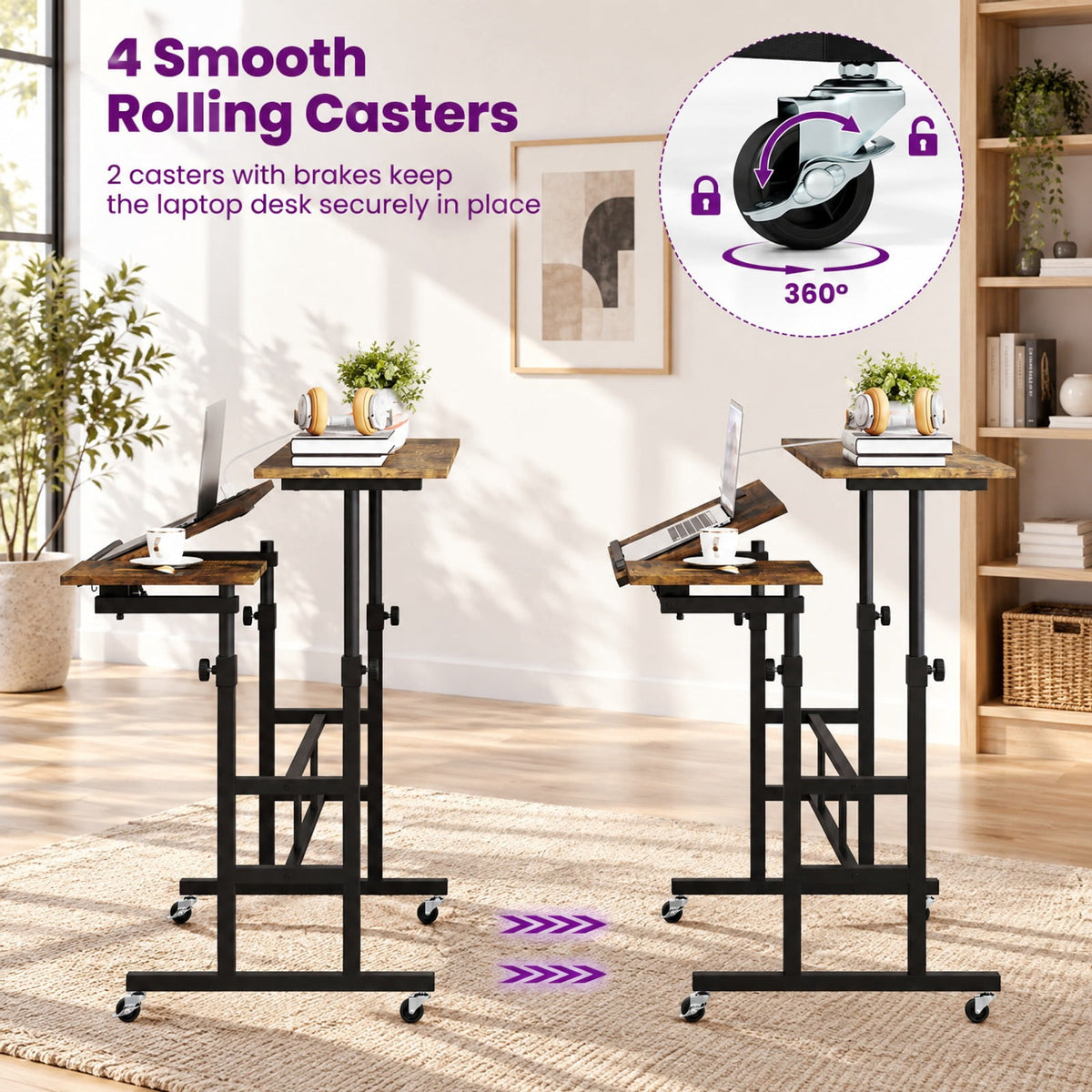Airfind Height Adjustable Mobile Standing Desk with Power Outlets and Portable Rolling Laptop Cart on Wheels, Brown