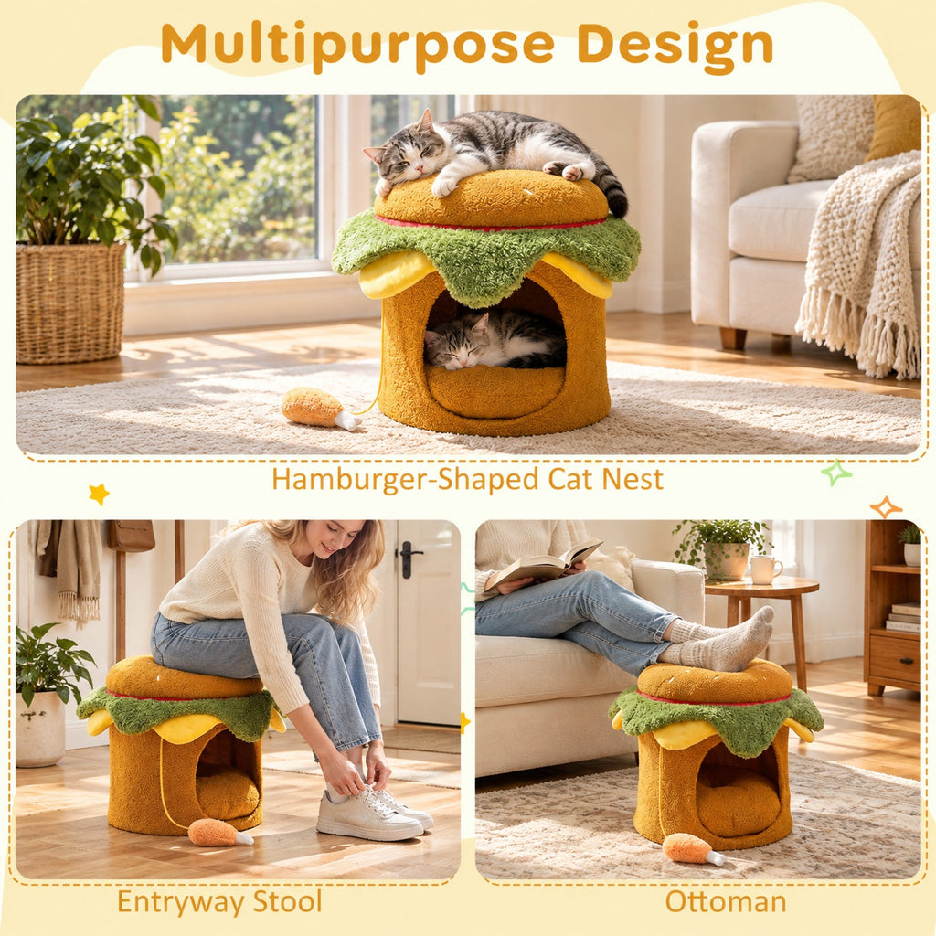 Airfind Hamburger Cat Nest with Chicken Drumstick Toy and Removable Cushion for Indoor Cats, 155 lbs Capacity, Yellow