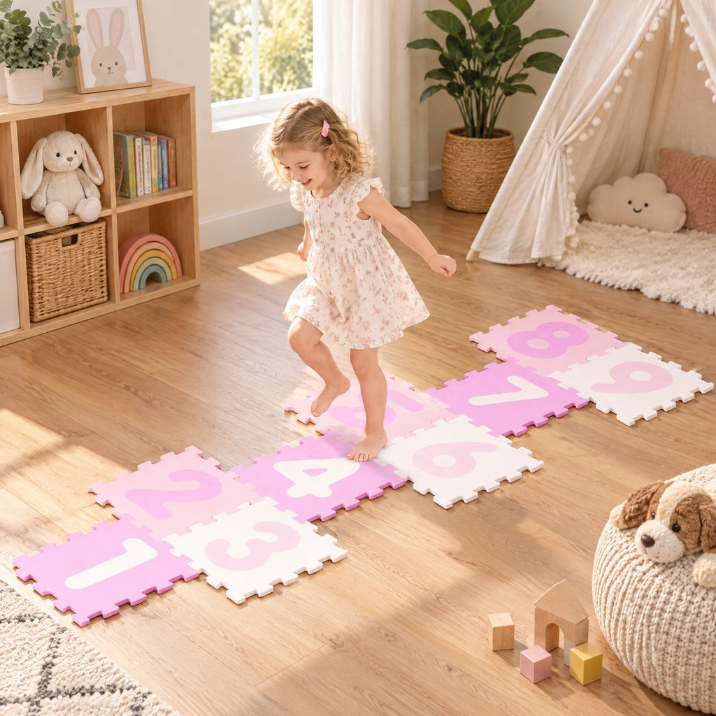 Airfind 9 Pieces Interlocking Foam Puzzle Floor Mat with 3 Marker Discs, EVA Foam Single Piece Frame, for 10 Months+, 71.5 Inch x 24.5 Inch Footprint