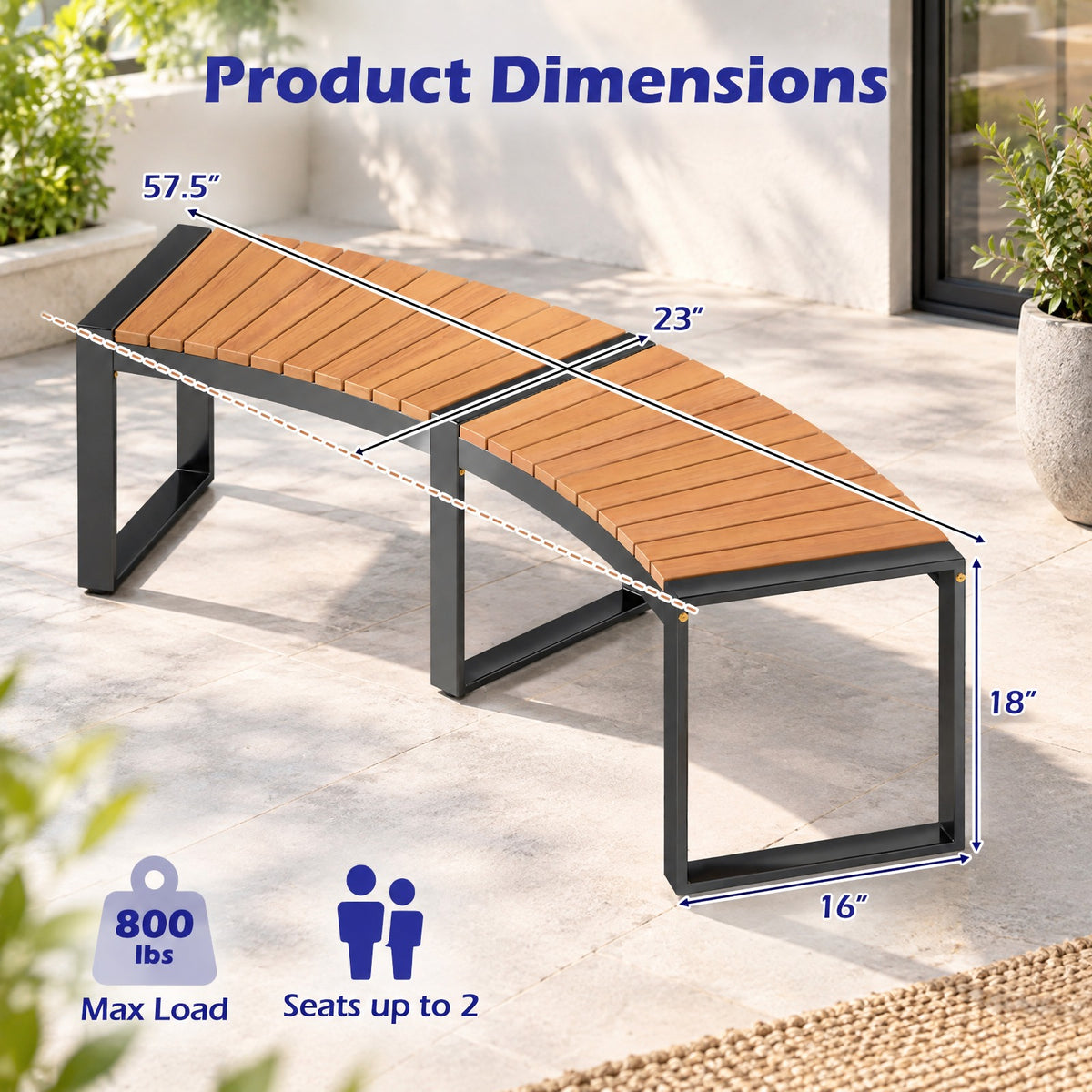 Airfind Patio Curved Bench with Slatted Seat and Metal Legs-1 Piece, 57.5 x 23 x 18Seat Depth 16Weight Footprint