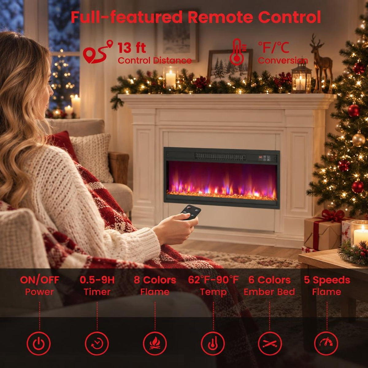 Airfind 18/23/26 Inch 1500W Electric Fireplace Insert with Remote Control-26 inches, Metal Tempered Glass Frame, 19.3in x 4.8in x 17.7in Footprint