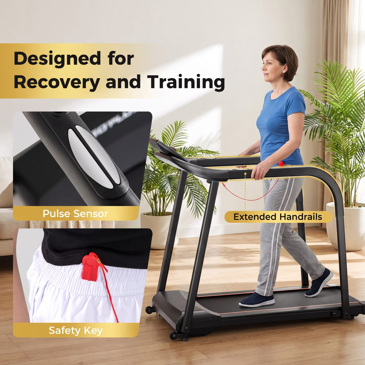 Airfind 2.5 HP Walking Treadmill with Long Handrails and 15 Preset Programs for Seniors Home Gym Low Impact Cardio, Black