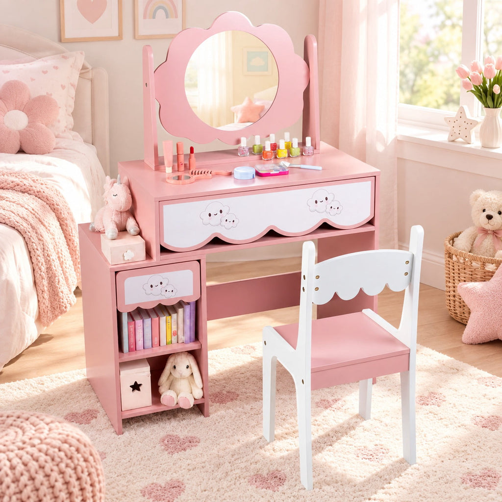 Airfind Kids Vanity Set with 360° Rotating Mirror Chair for Girls, 110 lbsChair Capacity, Engineered Wood GlassTable Frame, Pink