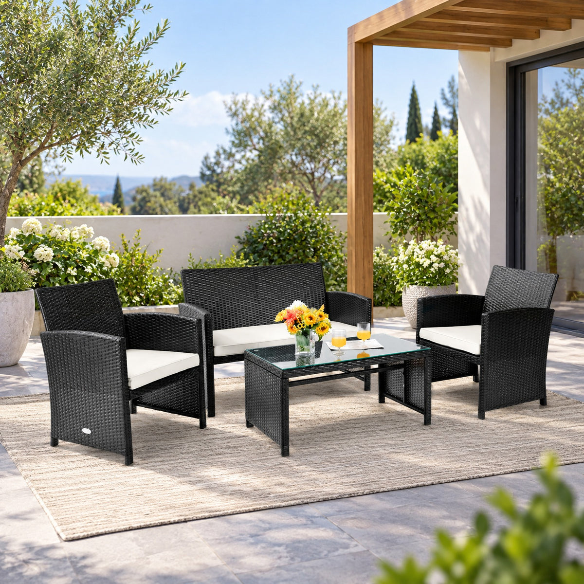 Airfind 4 Pieces Patio Rattan Cushioned Furniture Set with Coffee Table, Rattan Frame, 43.5 x 25 x 31 Footprint, White
