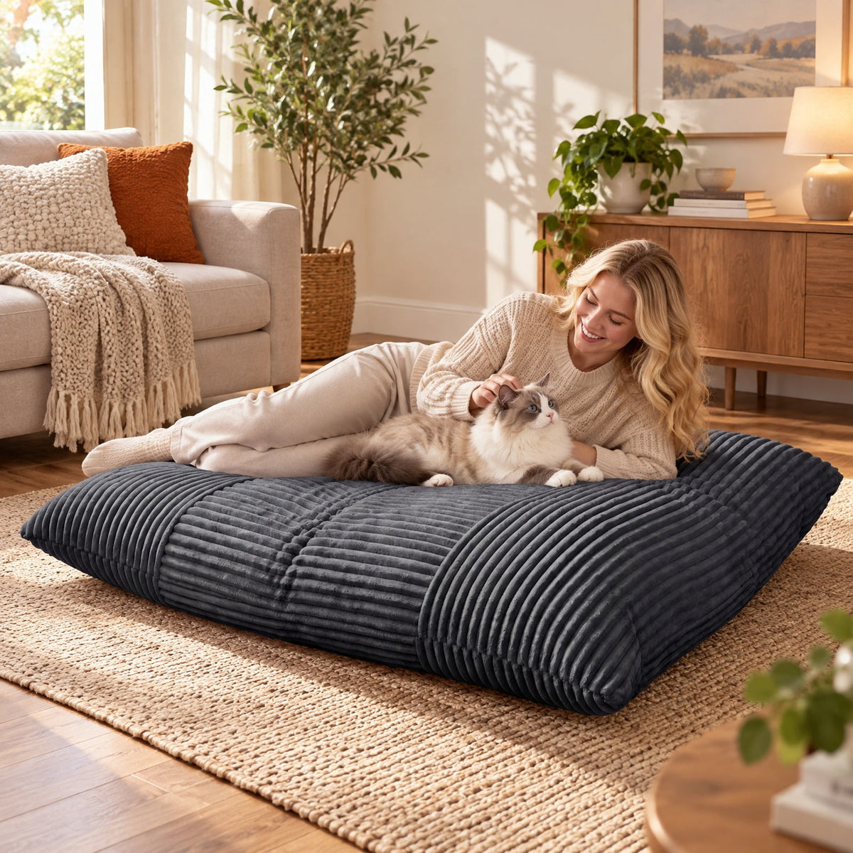 Airfind Convertible Bean Bag Floor Sofa with Machine-washable Corduroy Cover, Corduroy Fabric Sponge Frame, 76.5 x 55 x 7.5 Footprint, Dark Gray