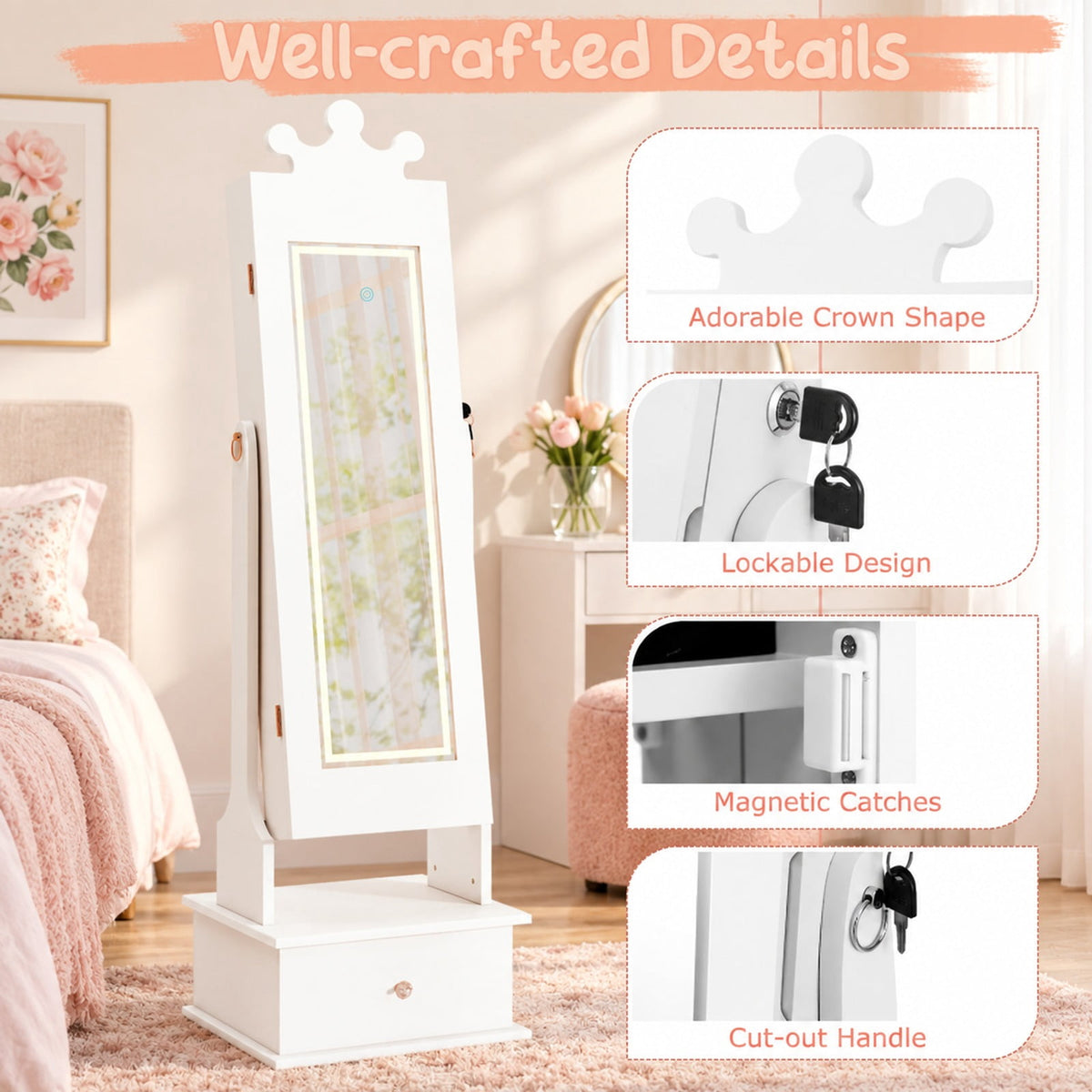 Airfind Youth Jewelry Armoire with 3-Color Lighted Full Length Mirror and Inside Led Lights, MDF Glass, 13.5 Inch X 12 Inch X 45 Inch Full-length, White